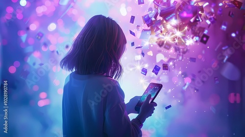 A photo from the back, a girl with a phone  is watching social medai clips videos are flying, emojis and likes are flying out of the phone screen, Generative AI illustratioons.