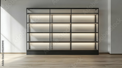 Modern Glass Shelving Unit with LED Lighting. photo