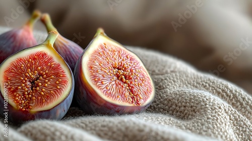 Roasted figs with porto caramel and with cardamonvanilla custard on a textile background Selective focus : Generative AI photo