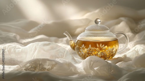 Traditional asian floral tea in a glass teapot on white textile background : Generative AI