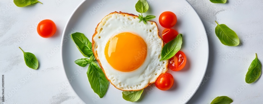 Fried egg on a plate, garnished with cherry tomatoes and fresh basil leaves. Fried egg on a plate, garnished with cherry tomatoes and fresh basil leaves.