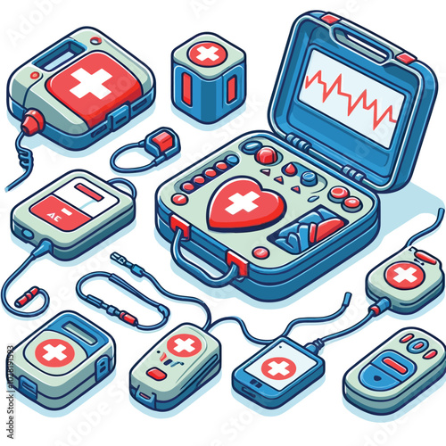 Defibrillator (AED) set vector illustration