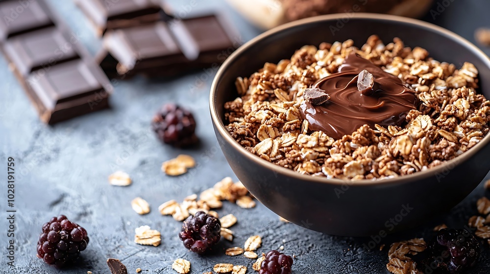 Healthy breakfast Fresh granola muesli in bowl with milk berries chocolate hazelnut spread on a white stone background Copy space : Generative AI Healthy breakfast Fresh granola muesli in bowl with milk berries chocolate hazelnut spread on a white stone background Copy space : Generative AI