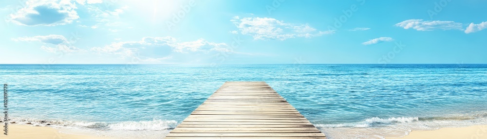 Fototapeta premium Wooden Pier Extending into Clear Blue Ocean with Sandy Beach and Clouds