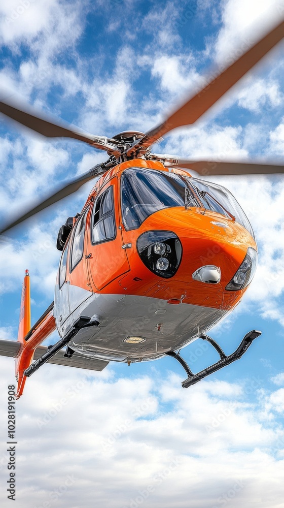 Helicopter close-up against the sky. Rescue helicopter flies in the sky with clouds. Helicopter close-up against the sky. Rescue helicopter flies in the sky with clouds.