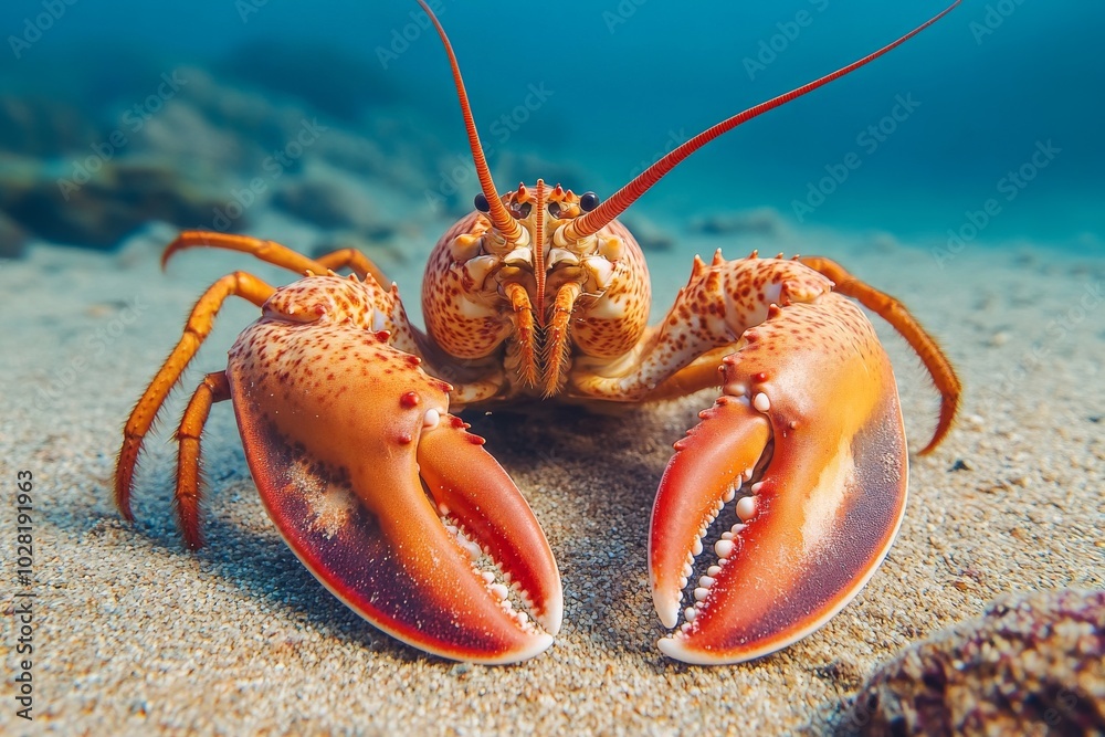 Lobster underwater, vibrant colors, clear blue background. Lobster underwater, vibrant colors, clear blue background.