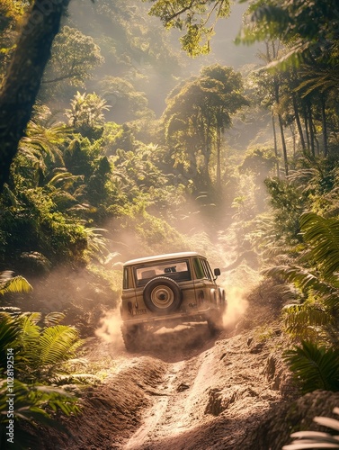 Fototapeta Naklejka Na Ścianę i Meble -  A vintage SUV drives through a lush jungle with sunlight streaming through the trees, creating a sense of adventure and exploration.