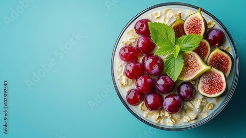 Overnight oats bircher muesli with grape and figs Blue background Copy space : Generative AI photo