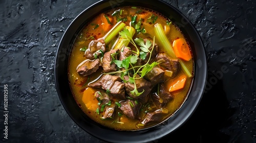 Top view of black bowl of delicious yellow transparent Thai Soup with beef slices, slices of celery, carrot, dark background, Generative AI illustrations. 