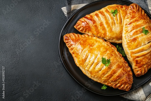 Savory golden pastries on a plate, beautifully arranged and garnished.