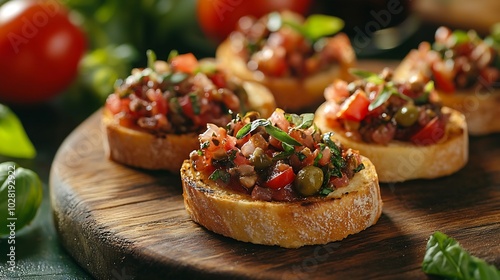 Wallpaper Mural Bruschetta with olive tapenade and fresh tomatoes on cutting board Wooden background : Generative AI Torontodigital.ca