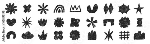 Set of hand drawn funky shapes of heart, flower, star, cloud with crayon or chalk texture. Doodle design elements for school. Childish vector illustration.