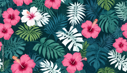 Pink and White Hibiscus Flowers with Tropical Foliage