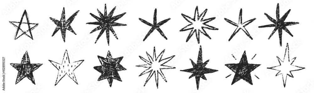 Crayon stars and blinks in sketch style. Grunge chalk figure on a white background. Texture vector illustration. Crayon stars and blinks in sketch style. Grunge chalk figure on a white background. Texture vector illustration.