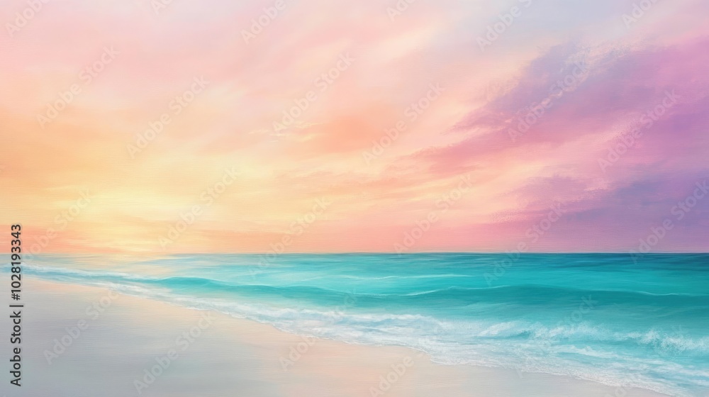 A tranquil beach scene with turquoise waters and soft white sand, bathed in the warm glow of a colorful sunrise A tranquil beach scene with turquoise waters and soft white sand, bathed in the warm glow of a colorful sunrise