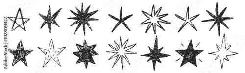 Crayon stars and blinks in sketch style. Grunge chalk figure on a white background. Texture vector illustration.