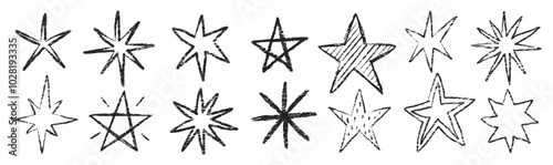 Crayon twinkle, blink, firework, stars and glowing symbols in sketch style. Grunge chalk figure on a white background. Texture vector illustration.