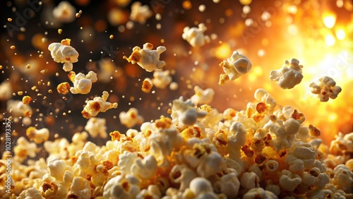 Witness a breathtaking popcorn explosion captured at 1000 fps, showcasing stunning visuals that highlight each kernel's journey from unpopped to fluffy delight. photo