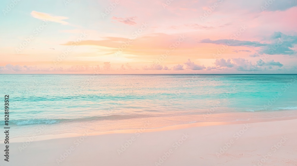 A tranquil coastal scene with clear turquoise waters, a white sandy beach, and a colorful sunrise casting soft light across the sky A tranquil coastal scene with clear turquoise waters, a white sandy beach, and a colorful sunrise casting soft light across the sky