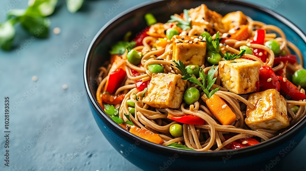 Soba noodles with vegetables and fried tofu in a bowl Blue background Copy space Top view : Generative AI Soba noodles with vegetables and fried tofu in a bowl Blue background Copy space Top view : Generative AI