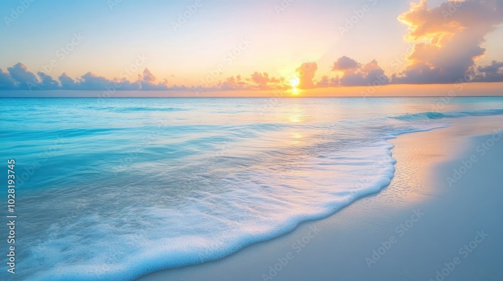 Fototapeta premium Crystal-clear turquoise waters meeting a white sandy beach, with a stunning sunrise casting vibrant colors across the horizon