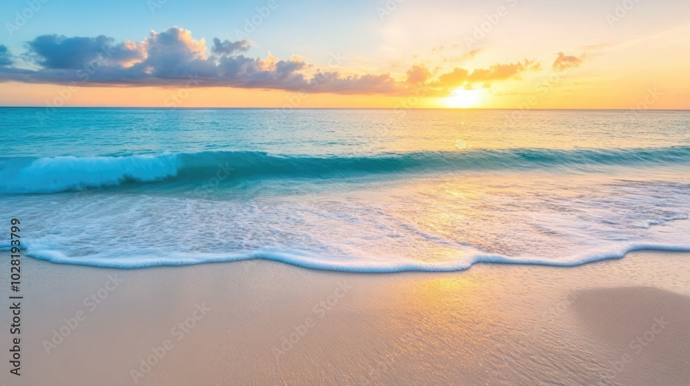 Peaceful coastal view with crystal-clear turquoise waters, a pristine white sandy beach, and a sunrise full of warm colors Peaceful coastal view with crystal-clear turquoise waters, a pristine white sandy beach, and a sunrise full of warm colors