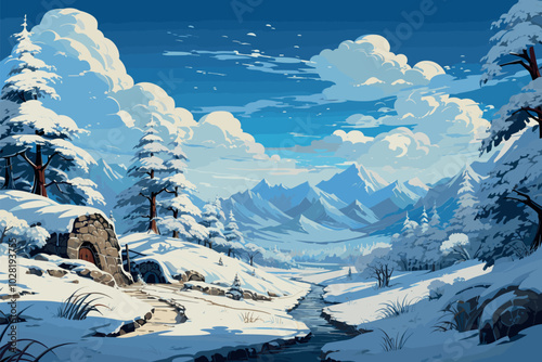 Snowy Path & Mountains