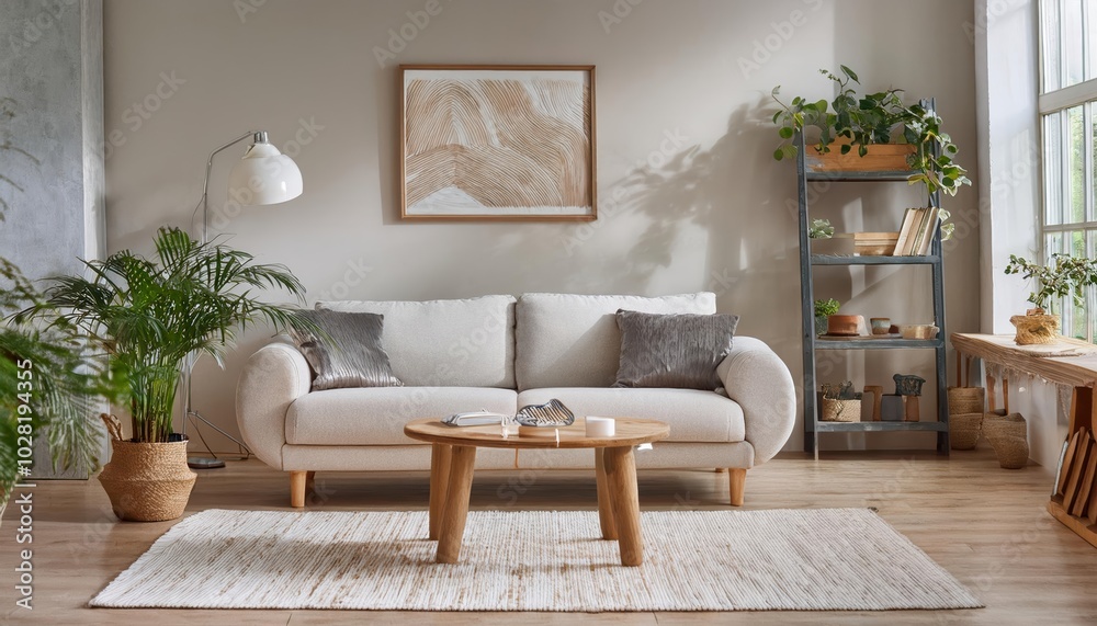 Obraz premium Elegant and comfortable designed beige living room with a big sofa