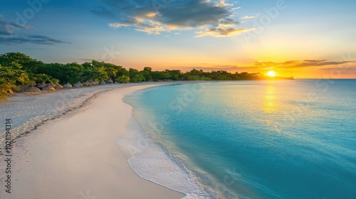 A peaceful coastal view with vibrant turquoise waters, soft white sand, and a glowing sunrise creating the perfect travel scene