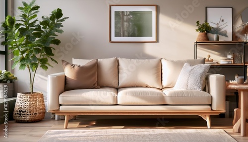 Elegant and comfortable designed beige living room with a big sofa