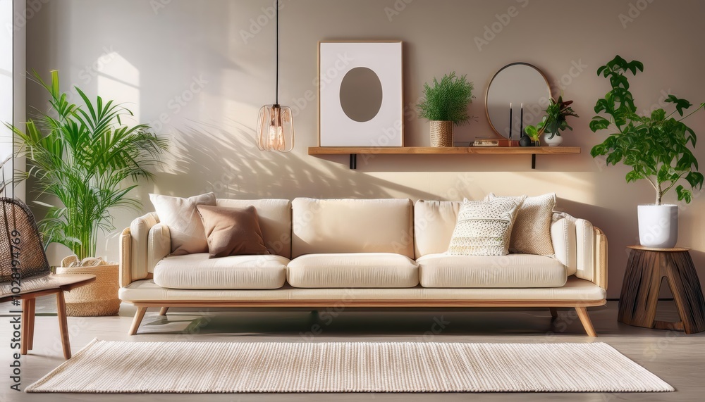 Fototapeta premium Elegant and comfortable designed beige living room with a big sofa