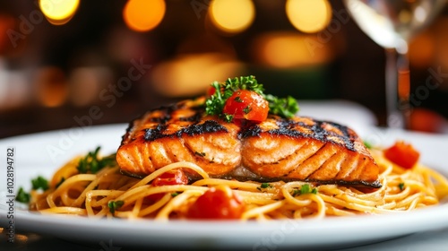 Grilled salmon fillet with creamy tomato spaghetti, a delicious and satisfying dish. The salmon is cooked to perfection, with a crispy skin and juicy flesh. The spaghetti is coated in a rich and flavo photo