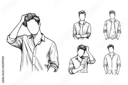 Line art featuring cool men in casual shirts