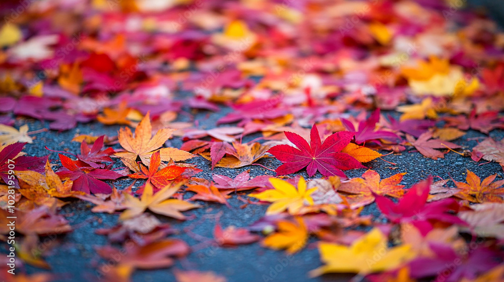 Obraz premium A mix of fallen leaves and vibrant red maple leaves