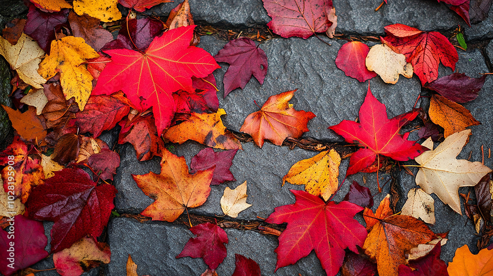 A mix of fallen leaves and vibrant red maple leaves A mix of fallen leaves and vibrant red maple leaves