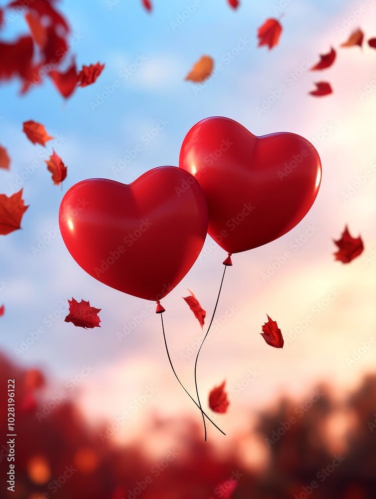 Two red heart-shaped balloons float against a backdrop of falling autumn leaves, symbolizing love, hope, and the beauty of fleeting moments. Two red heart-shaped balloons float against a backdrop of falling autumn leaves, symbolizing love, hope, and the beauty of fleeting moments.