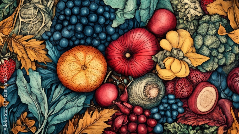 A Vibrant Still Life of Fresh Produce and Foliage A Vibrant Still Life of Fresh Produce and Foliage