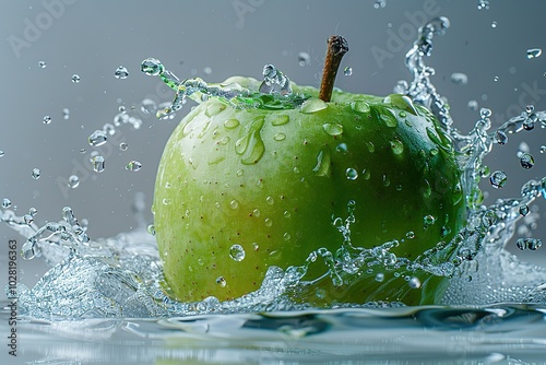 A green apple splashes into a pool of water, creating a beautiful pattern of droplets and waves. photo