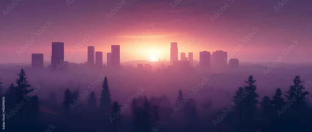 Fototapeta premium Cityscape at Sunset with Fog.