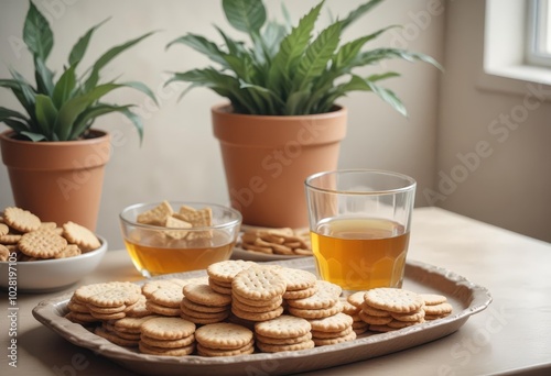 A breakfast spread with a small potted plant as decoration