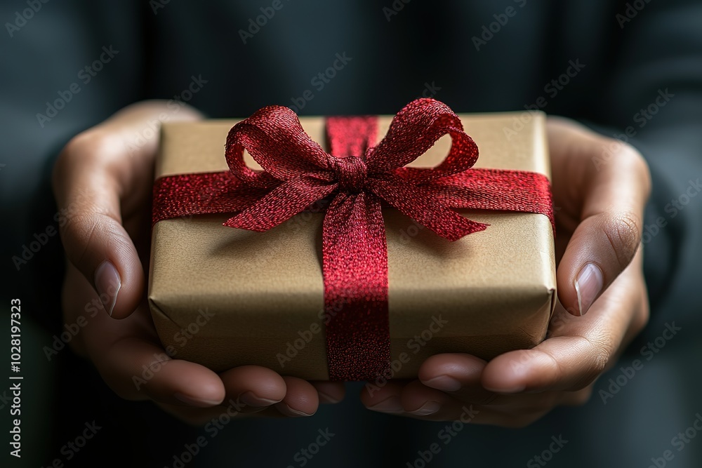 A person is holding a brown box with a red ribbon tied around it A person is holding a brown box with a red ribbon tied around it