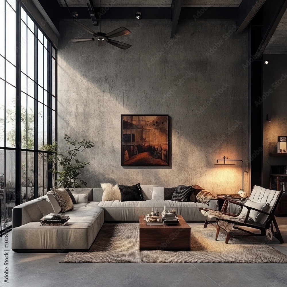 Industrial-style living room with concrete walls Industrial-style living room with concrete walls