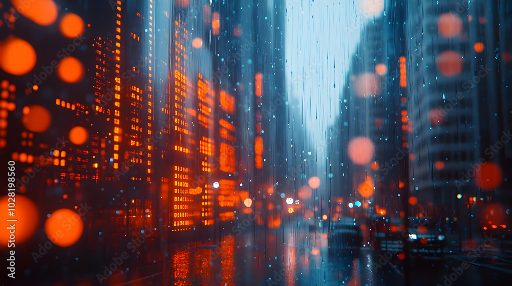 Fototapeta premium Rainy Cityscape Through a Window.