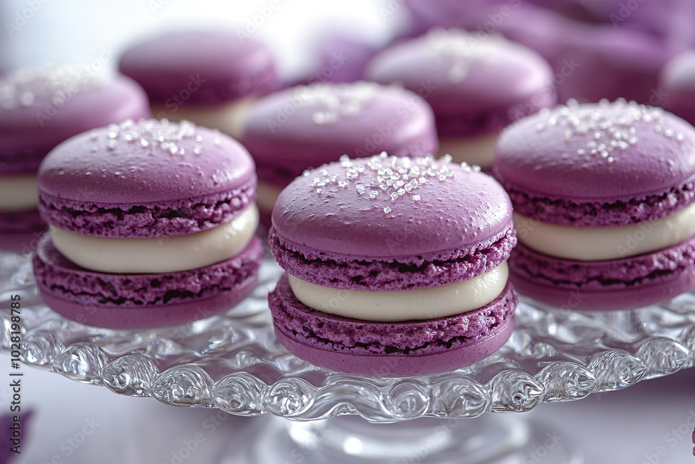 A tray of purple macaroons with powdered sugar on top A tray of purple macaroons with powdered sugar on top