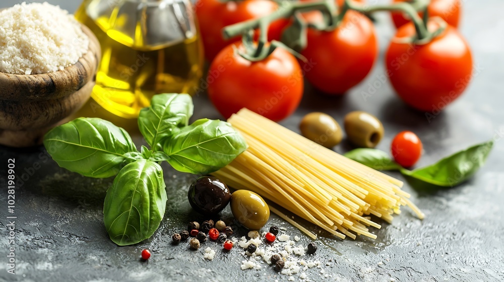 Italian food background with vine tomatoes basil spaghetti olives parmesan olive oil garlic Ingredients on stone table Copy space : Generative AI
