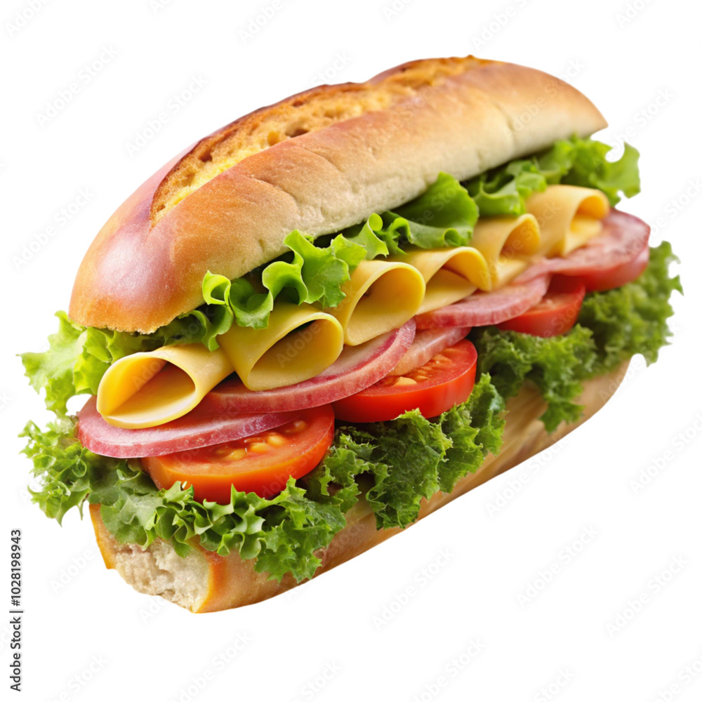 Tasty submarine sandwich with fresh ingredients like cheese, onion, lettuce, and tomato on a golden bun, isolated. Tasty submarine sandwich with fresh ingredients like cheese, onion, lettuce, and tomato on a golden bun, isolated.