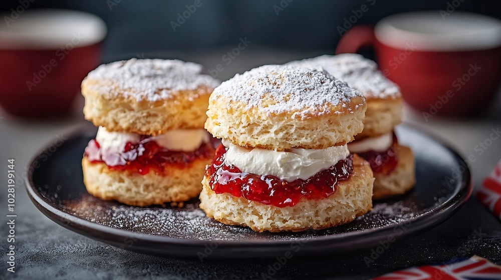 Scones tea cakes with jam clotted cream with the flag of Great Britain Traditional British teatime Grey background : Generative AI Scones tea cakes with jam clotted cream with the flag of Great Britain Traditional British teatime Grey background : Generative AI