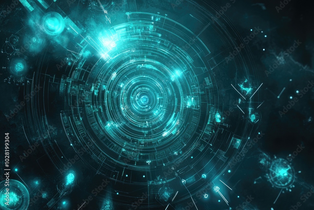 Fototapeta premium Futuristic digital abstract background with glowing blue lights, intricate patterns, and space elements creating a cosmic atmosphere.