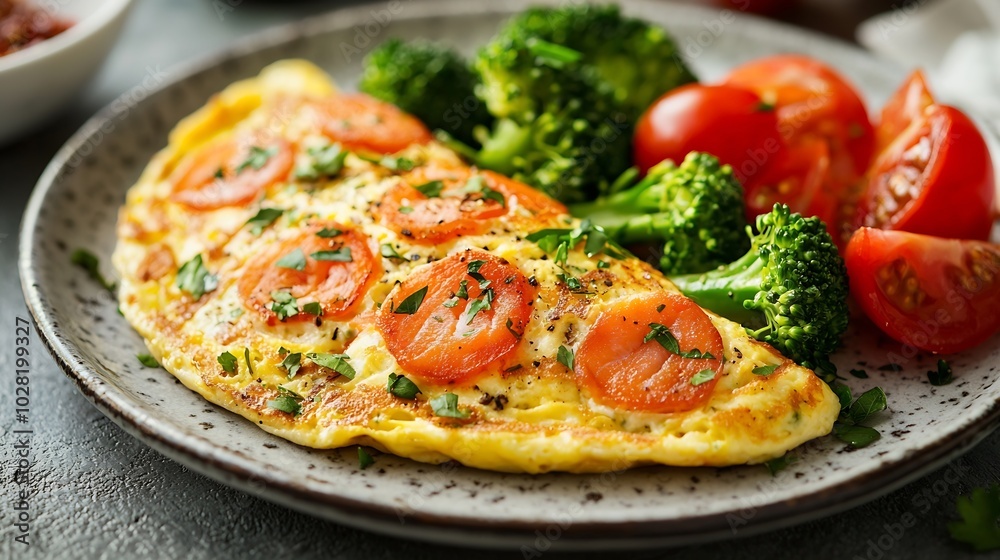 Omelet with smoked salmon and broccoli on a plate Close up : Generative AI Omelet with smoked salmon and broccoli on a plate Close up : Generative AI