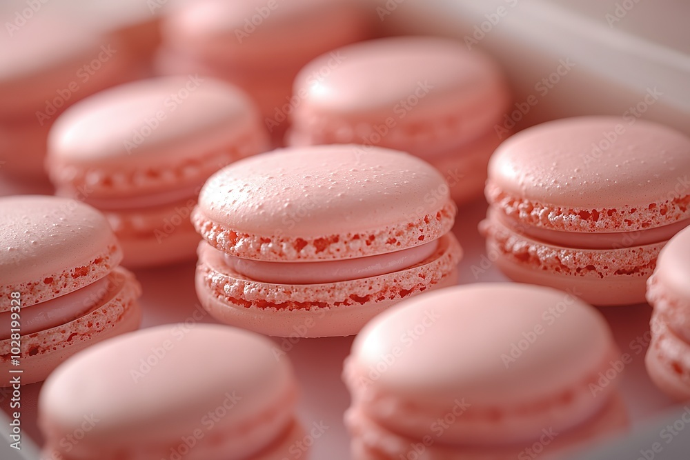 A tray of pink macaroons A tray of pink macaroons